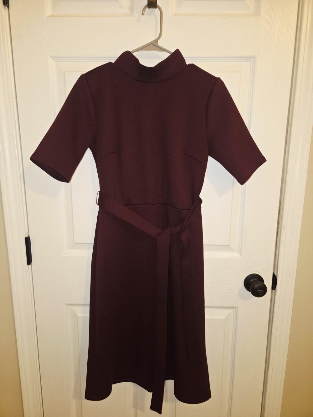 Ann Taylor Short-Sleeve Mock Neck Midi Dress in Plum